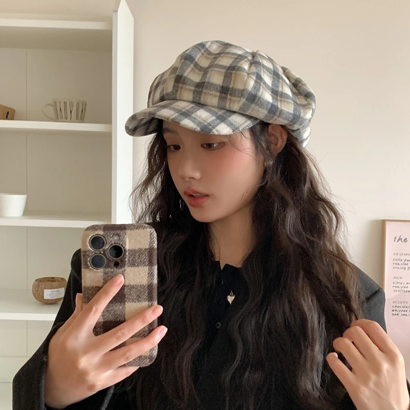 Ins New Fashion Color Matching Plaid Wool Berets Cap for Women Show Face Small Winter Casual Warmth Versatile Retro Newsboy Hat