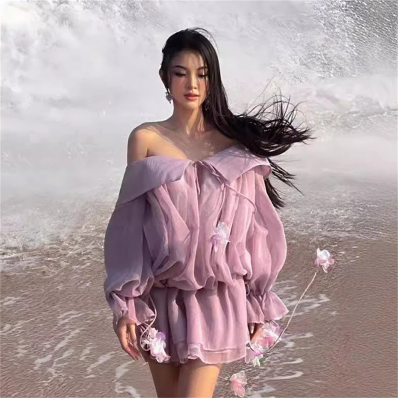 New Summer Purple One Shoulder 3D Flower Loose Long Sleeved Dress Representative Ruffle Edge Doll Neck Short Skirt Women\'s