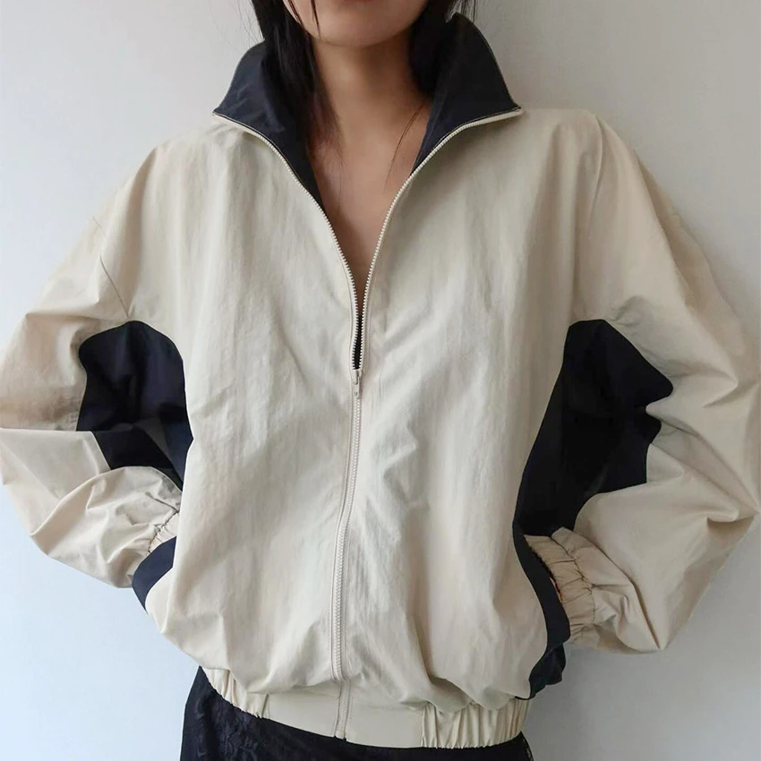 2026 Spring Autumn Women Windbreaker Jacket Color Block Zip Up Stand Collar Drop Shoulder Loose Sporty Coat