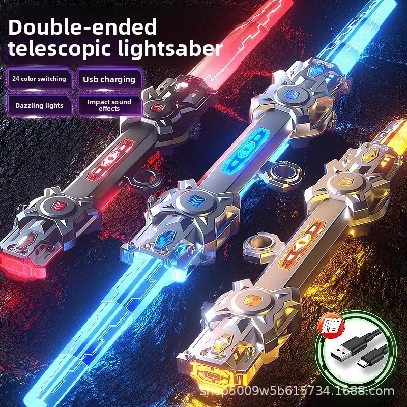 Double‑Headed Telescopic Light Sword Toy, Color Changing LED Lightsaber With Gravity Sensing Sound Effect, USB Mode Cosplay Toy