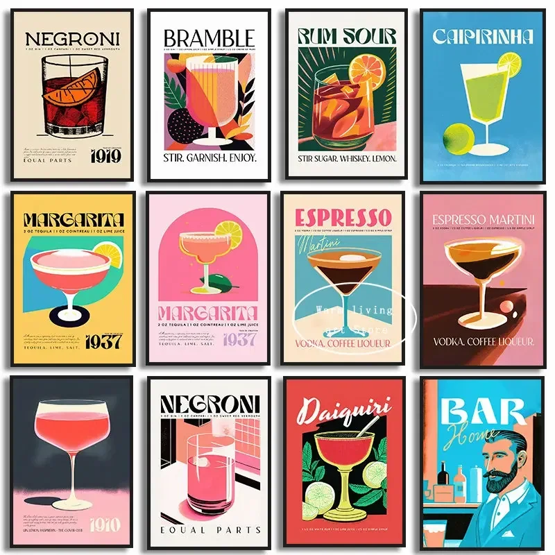 (No frame)Cocktail Fruit Juice Negroni Martini Whiskey Aperol Spritz Posters and Print Sangria Drink Canvas Painting Club Bar