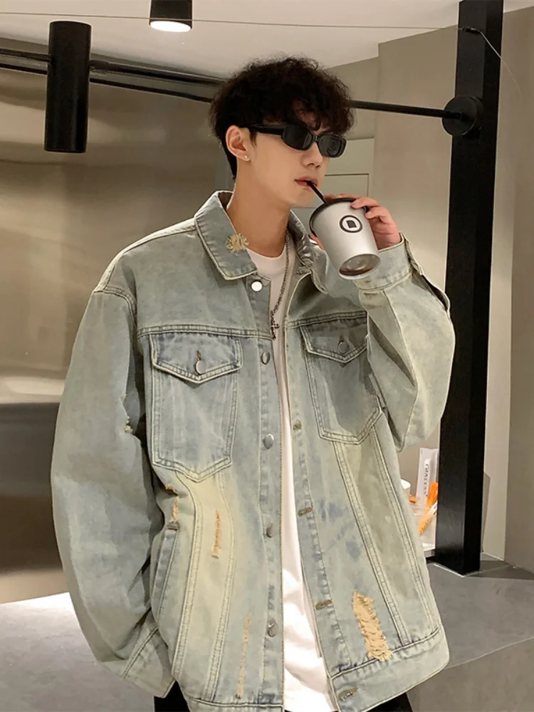 

Мужская джинсовая куртка Waed Denim Jaet для весны и осени, в стиле High Street Vibe, рабочая одежда, с воротником, повседневная, свободного кроя, с длинными рукавами