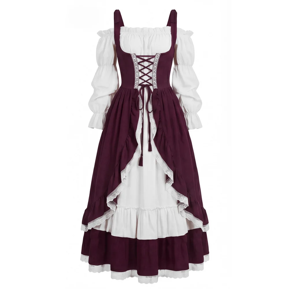Women Vintage Dress Medieval Pastoral Court-Style Puff-Sleeve Outfit Gothic Renaissance European-Style Gown Halloween Costume