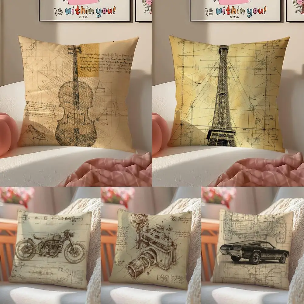 Da Vinci Inspired Sketches Cushion Cover Linen Pillowcase Cover Soft Decor for Sofa Home Room