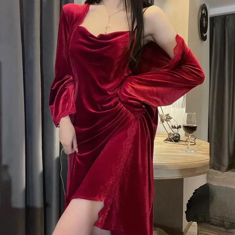 Velour Robe Gown Set Woman Sleepwear Nightdress Nightgown Spring Lace Kimono Bathrobe Suit Casual Female Loungewear