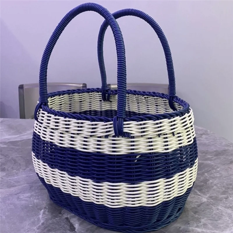 MAKE-Blauer und weißer Picknickkorb für den Außenbereich, Einkaufskorb, Pflückkorb, Geschenkkorb, tragbarer Korb