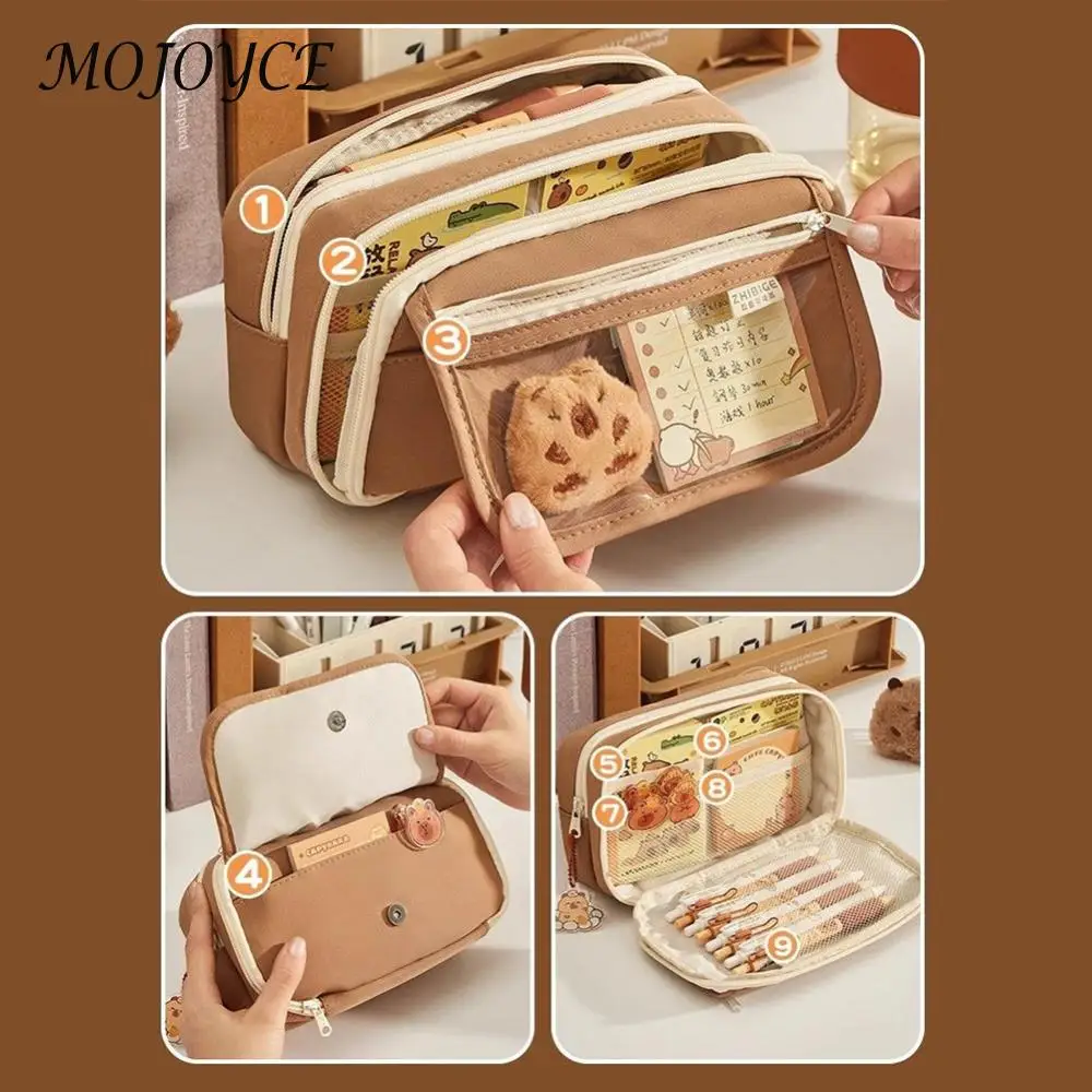 9-Layer Kawaii Zipper Pencil Case Canvas Capybara Stationery Holder Bag Large Capacity Stationery Storage Pouch School Supplies