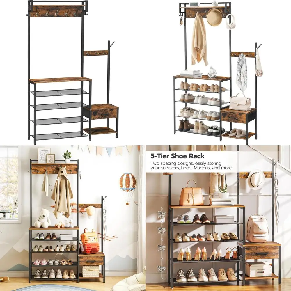 

Прихожая в деревенском стиле: коричневая и черная вешалка для одежды с банкеткой для хранения обуви