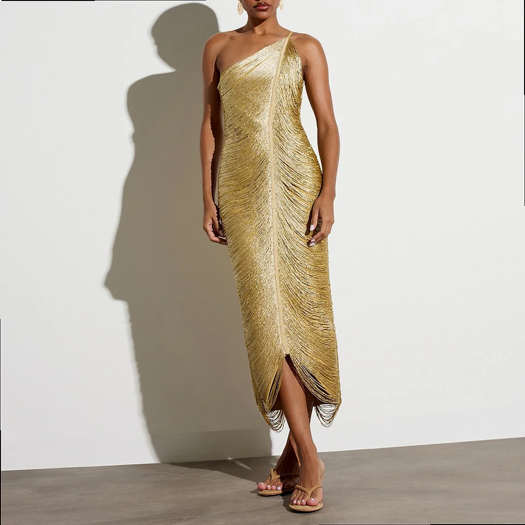 Sexy Bandage Bodycon Dress Sleeveless Fringe Evening Dresses Ruched Slit Party Clubwear