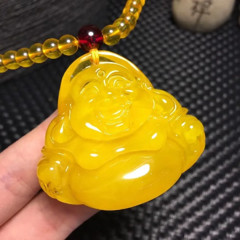 Golden Honey Yellow Amber Exquisitely Carved Laughing Buddha Pendant Necklace for Women Sweater Chain