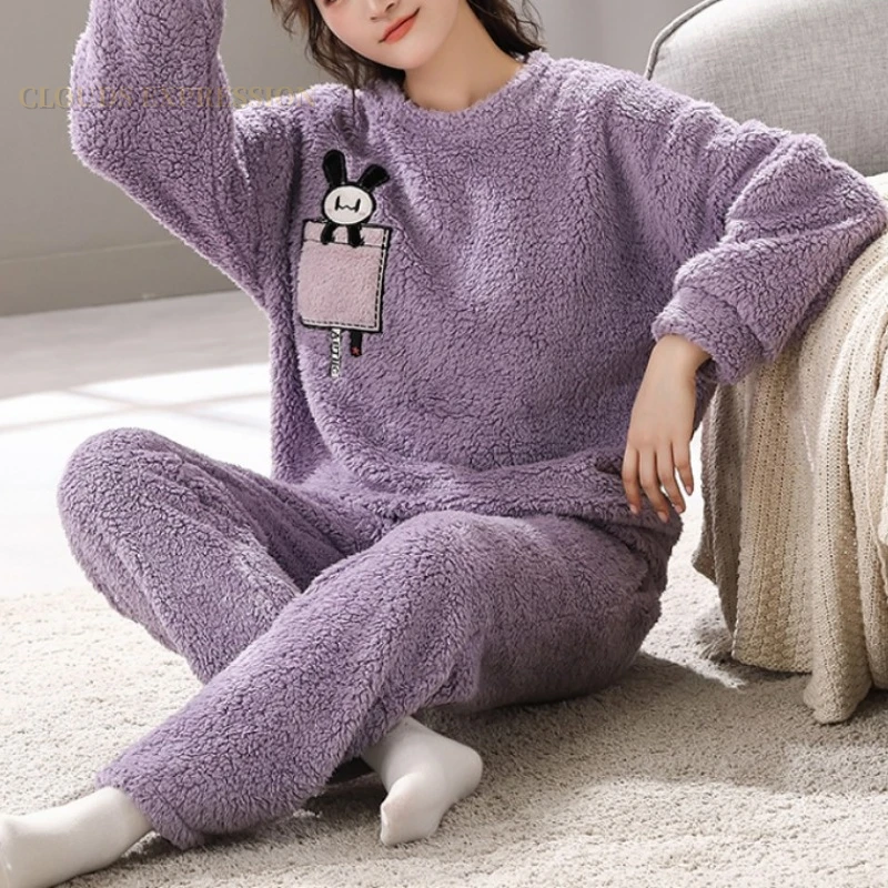 Autumn Winter Plush Womens Pajamas Sets Thick Fleece Cartoon Printed Sleepwear Velvet Homewear Kawaii Girsl Pijamas Mujer Pyjama