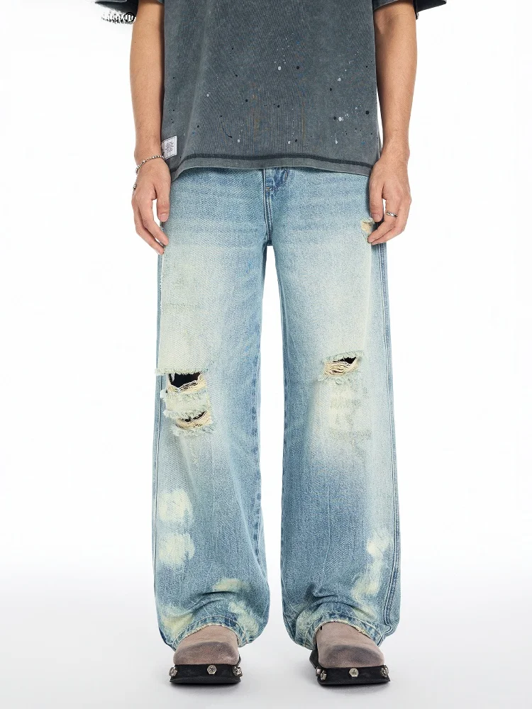 

RB Men's Straight Leg Distred Denim Jeans Winter New American Retro Waed Loose Wide Leg Pants Youth Faion Cotton Pol...