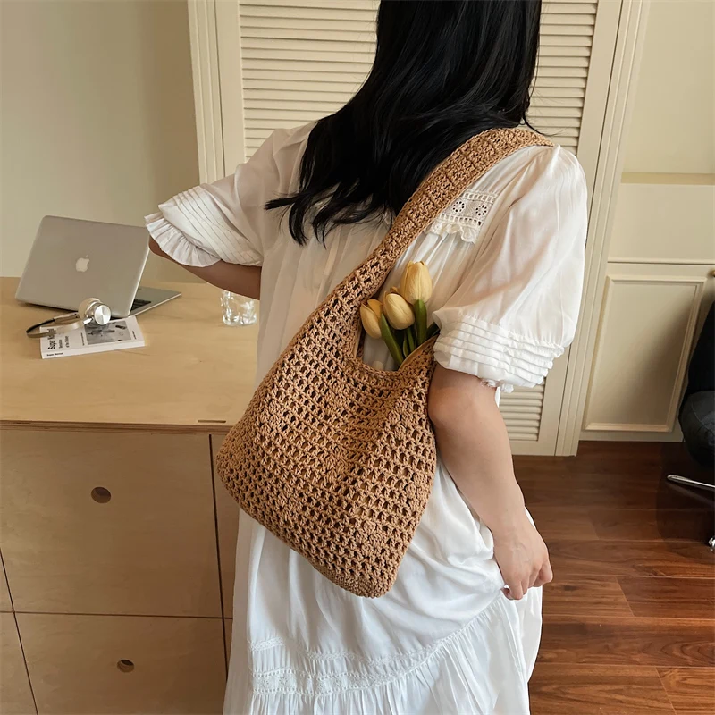 

Summer Beach Bag For Women Mesh Rope Knitted Bucket Shoulder Bags Reticulate Hollow Travel Shopper Totes Ladies Fashion Handbag