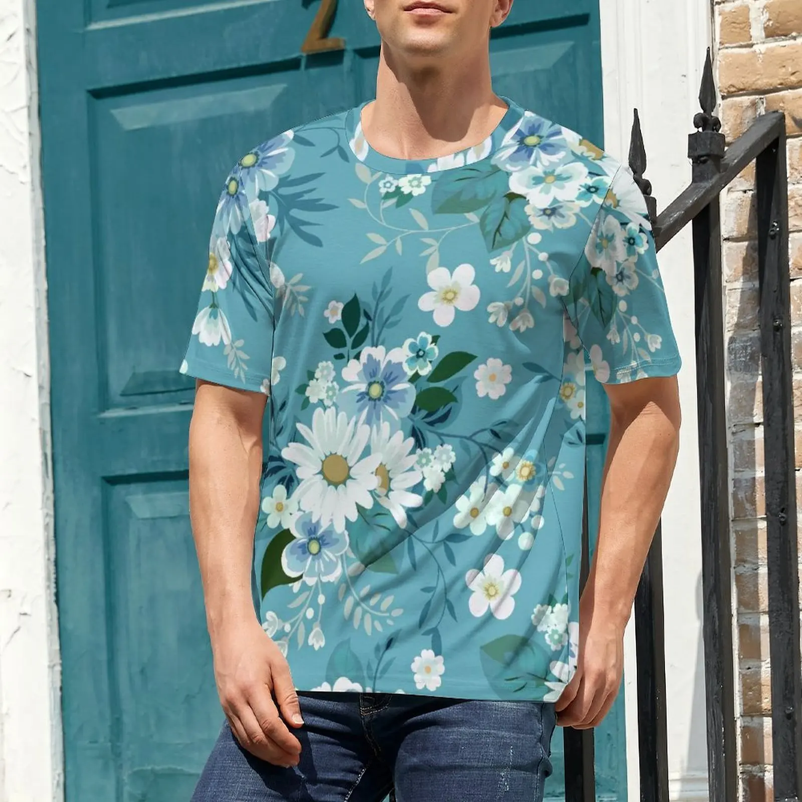 Fashion Daisies T-Shirt For Men Floral Daisy Graphic O Neck T Shirts Beach Vintage Clothing Short Sleeve Plus Size Tee Shirt