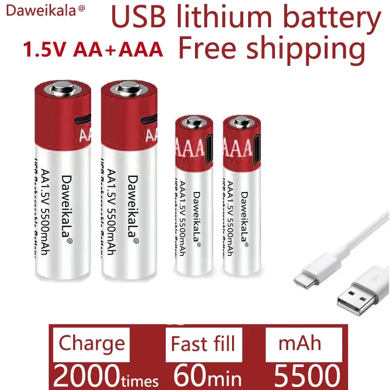 New 1.5V USB fast charging AA + AAA Rechargeable Battery Large Capacity 5500mah Li-Ion Battery For Toy Remote Control Mouse LED