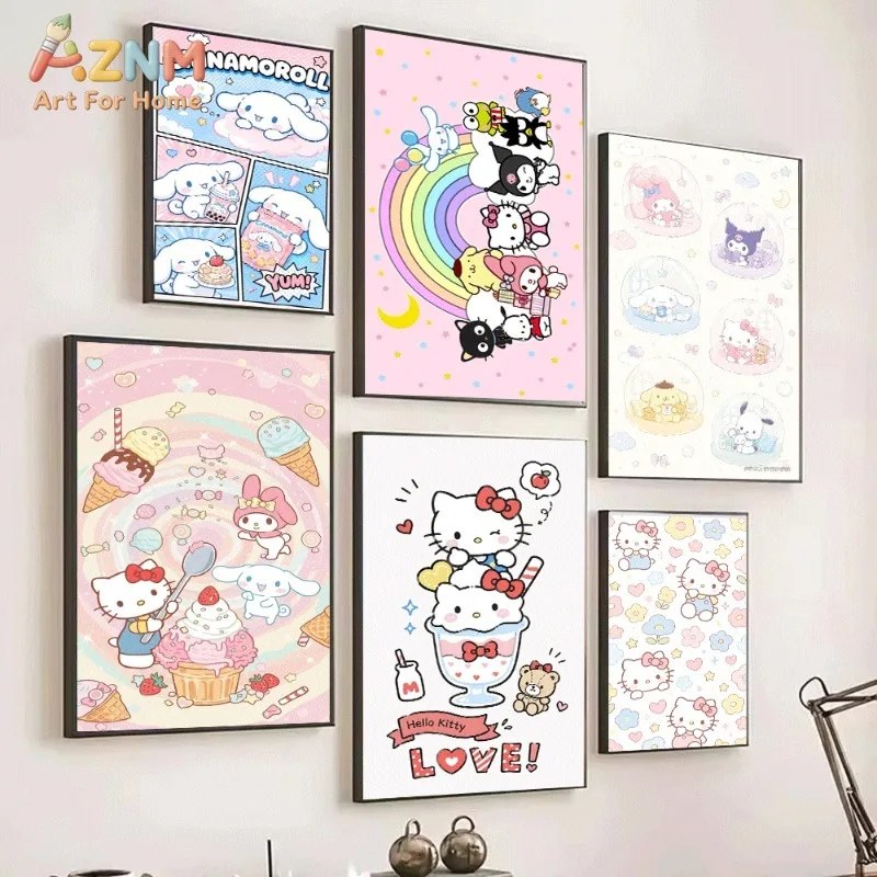 Sanrio Cinnamoroll Hello Kitty Cute Cartoon Canvas Wall Art No Frame Single Canvas Painting Poster Girls Bedroom Home Decor Art