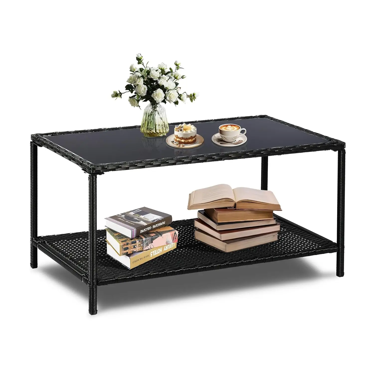 2-Tier Wicker Outdoor Coffee Table Glass Top 36