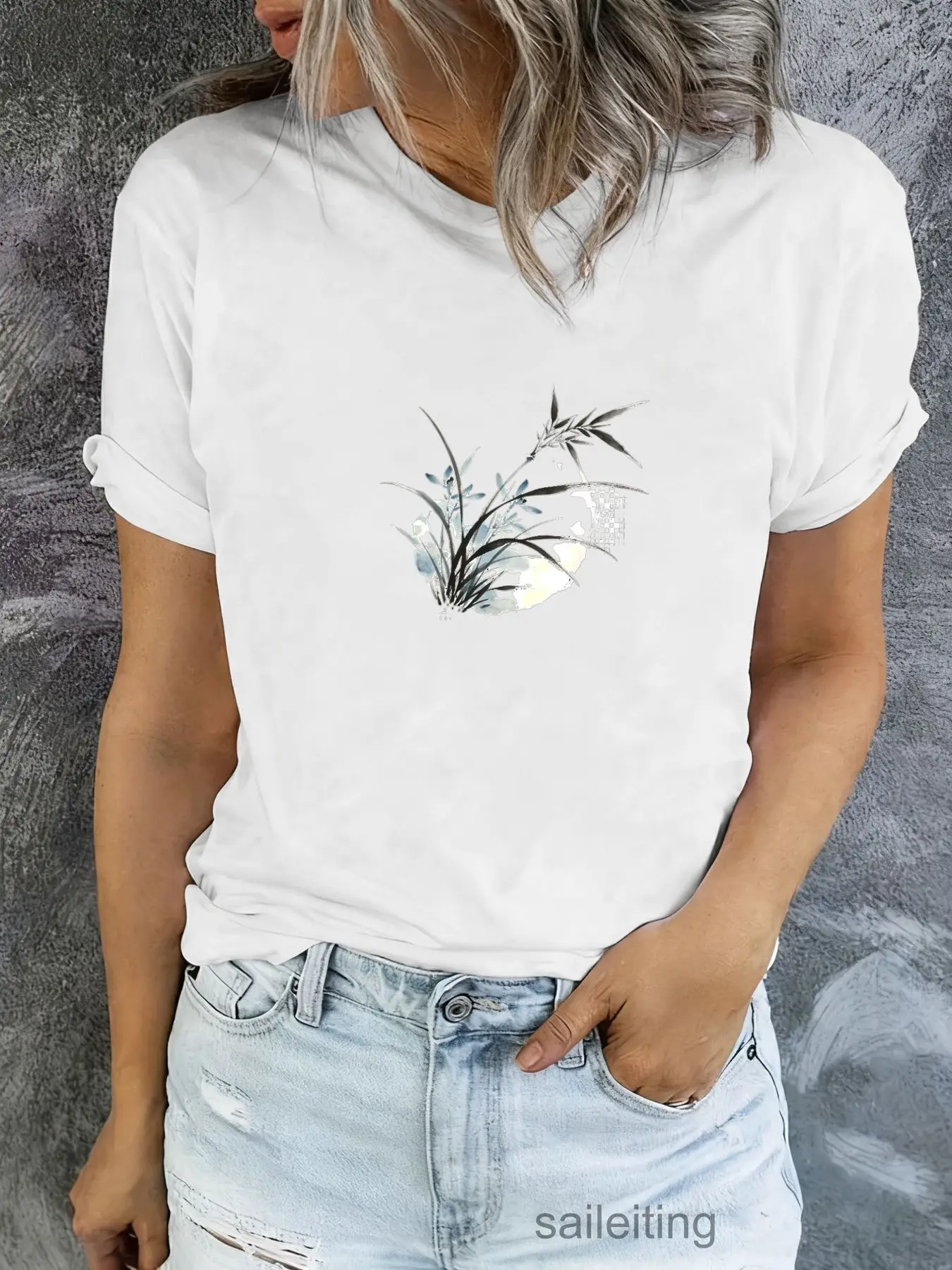 Stylish White Short Sleeve T-Shirt for Women Men - Soft Crew Neck Tee with Bamboo Leaves Moon Print, Casual Summer Breathable