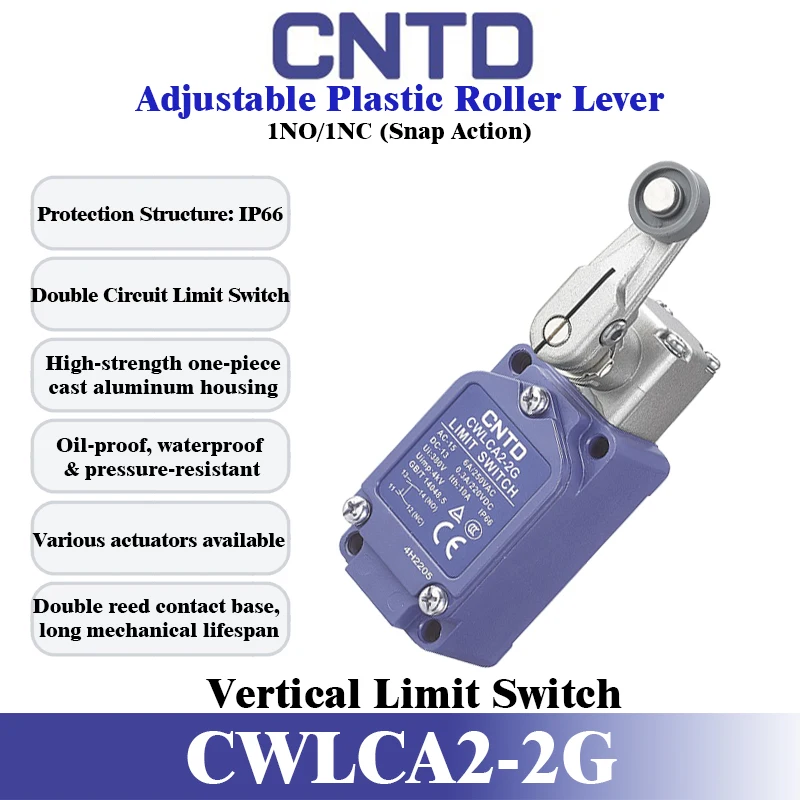 CNTD CWLCA2-2G Adjustable Roller Lever Limit Switch IP66 1NO1NC Double Circuit Aluminum Housing Industrial Position Safety