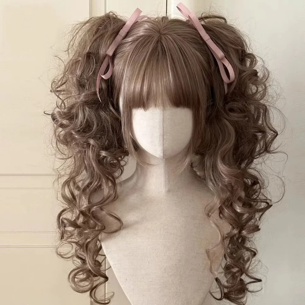 Synthetic Short Lolita Cosplay Christmas Halloween Bob Brown Blonde Wig With Long Curly Ponytail Natural Fake Hair for Women image 3