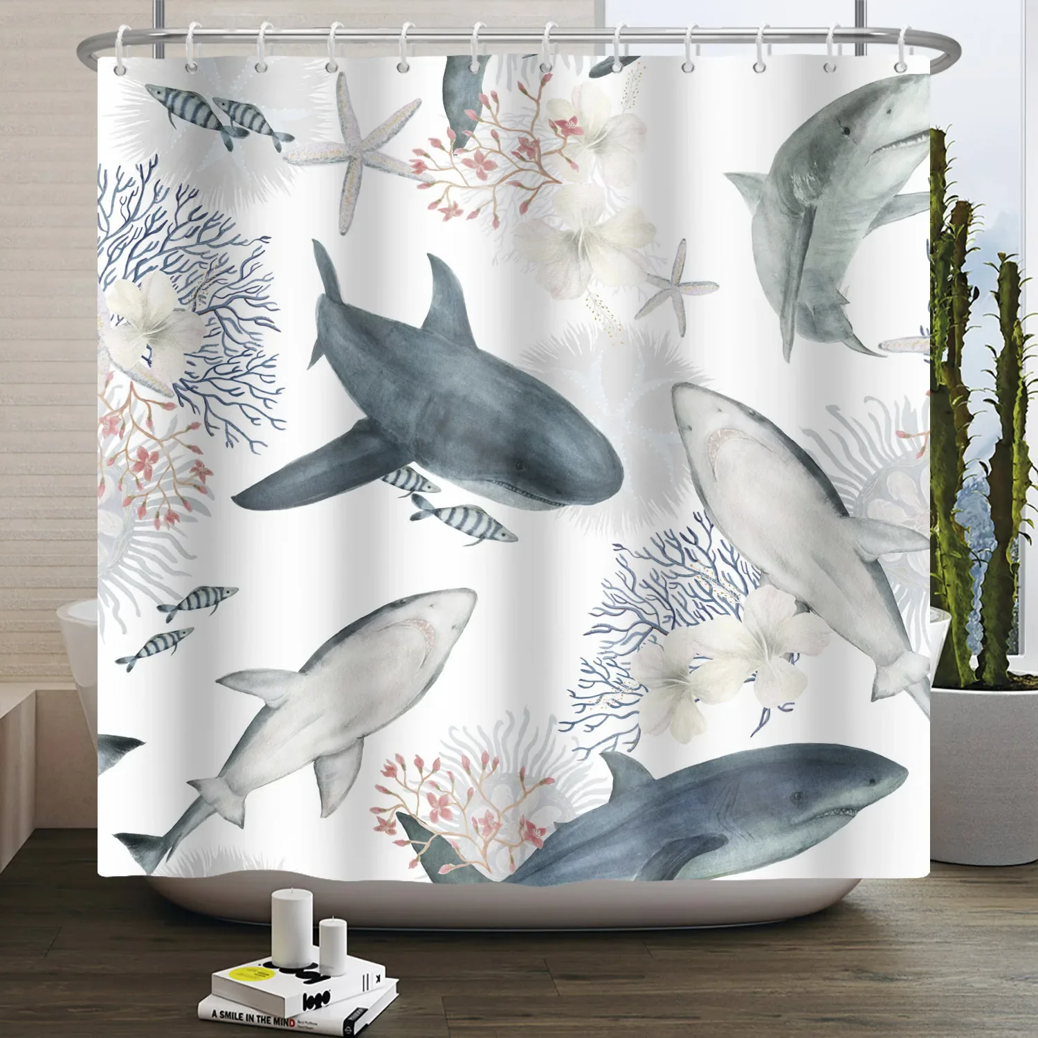 

Whale Sea Animal Pattern Shower Curtain Coral Seashell Shell Bathroom Hanging Hooks Waterproof Opaque Shower Curtain Partition