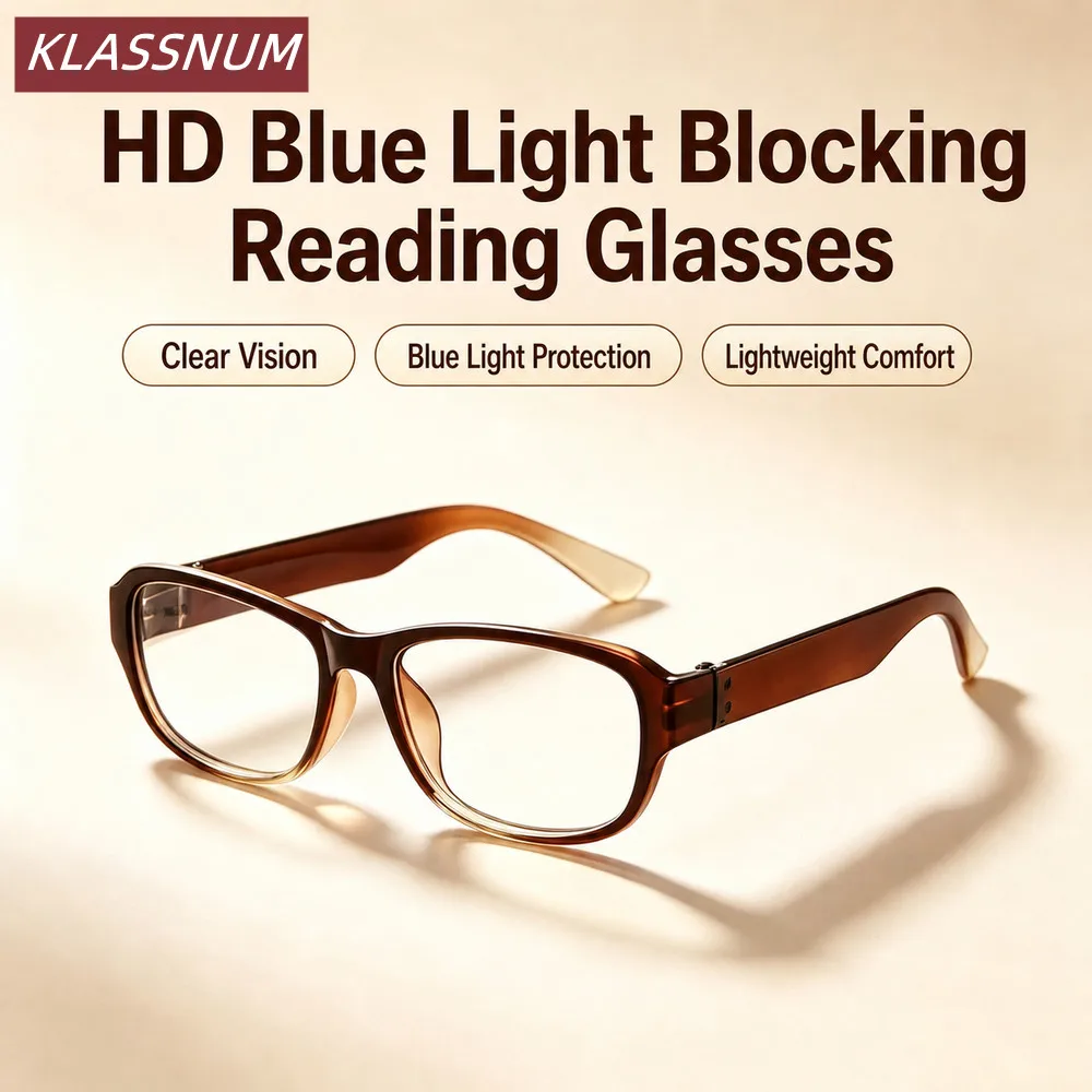 KLASSNUM Blue Light Blocking HD Reading Glasses Retro Gradient Brown Square Frame Eyewear for Reading and Digital Use Eyeglasses