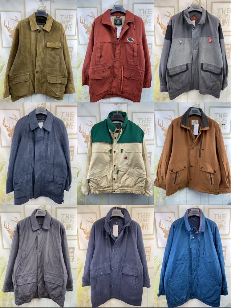 

Vintage Multi-ket Workwear American Retro Jaet A24 ex Loose Fit Long Sve Cotton Spring Autumn Color