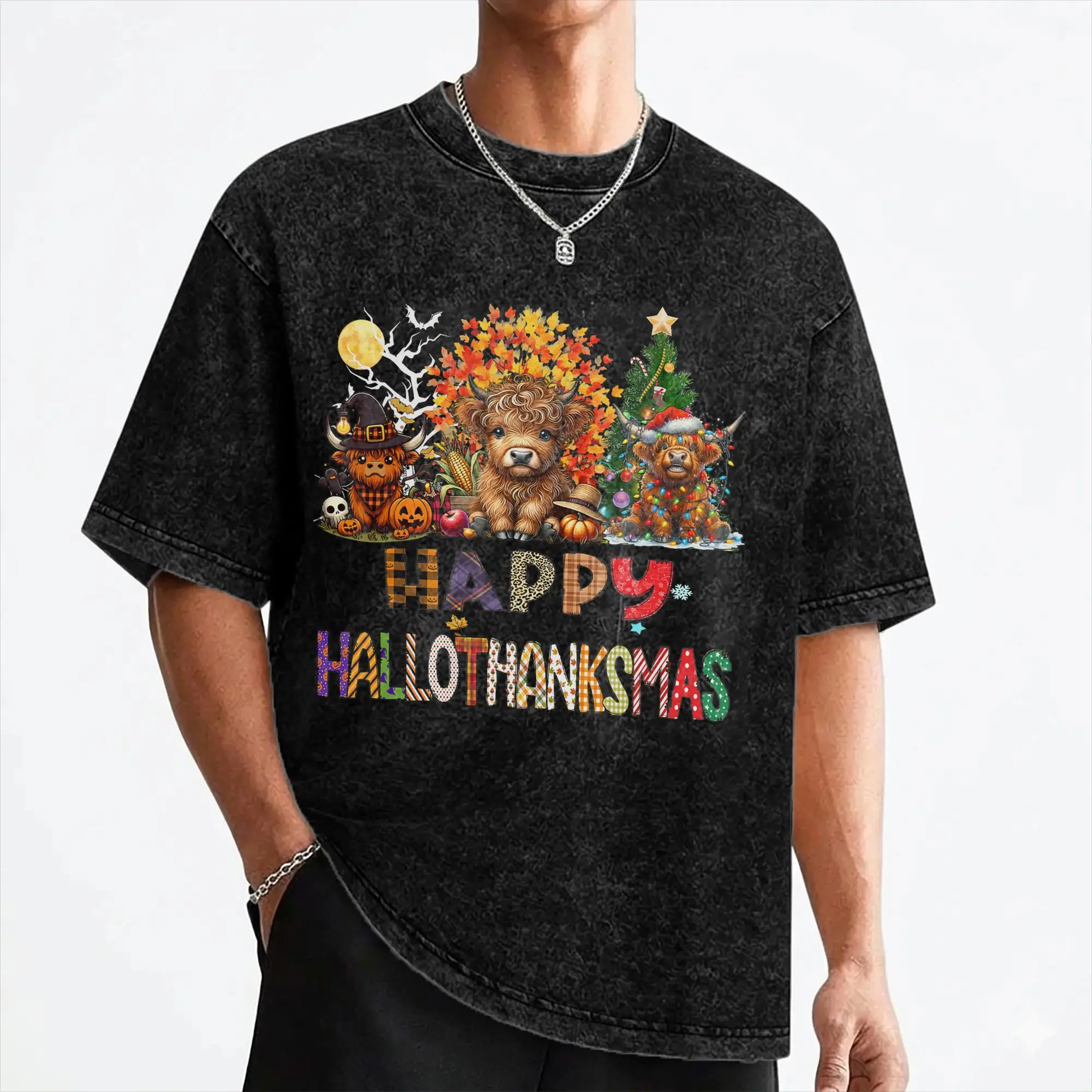 Halloween Thanksgiving Christmas Highland Cow Holiday T Shirts Washed Short Sleeve T-Shirt for Men Women Streetwear Tee Shirt