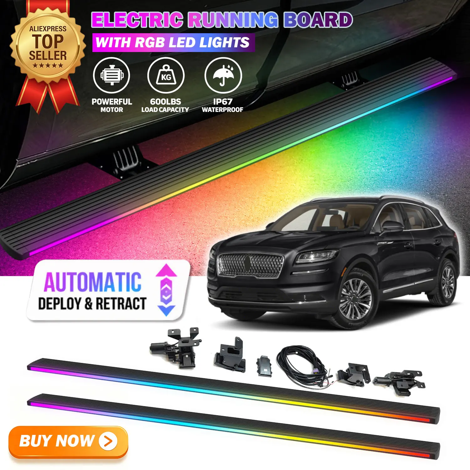 Deployable Power Electric Running Boards Fits For  Lincoln Nautilus 2019-2023 with LED Light Strips Side Step Nerf Bars