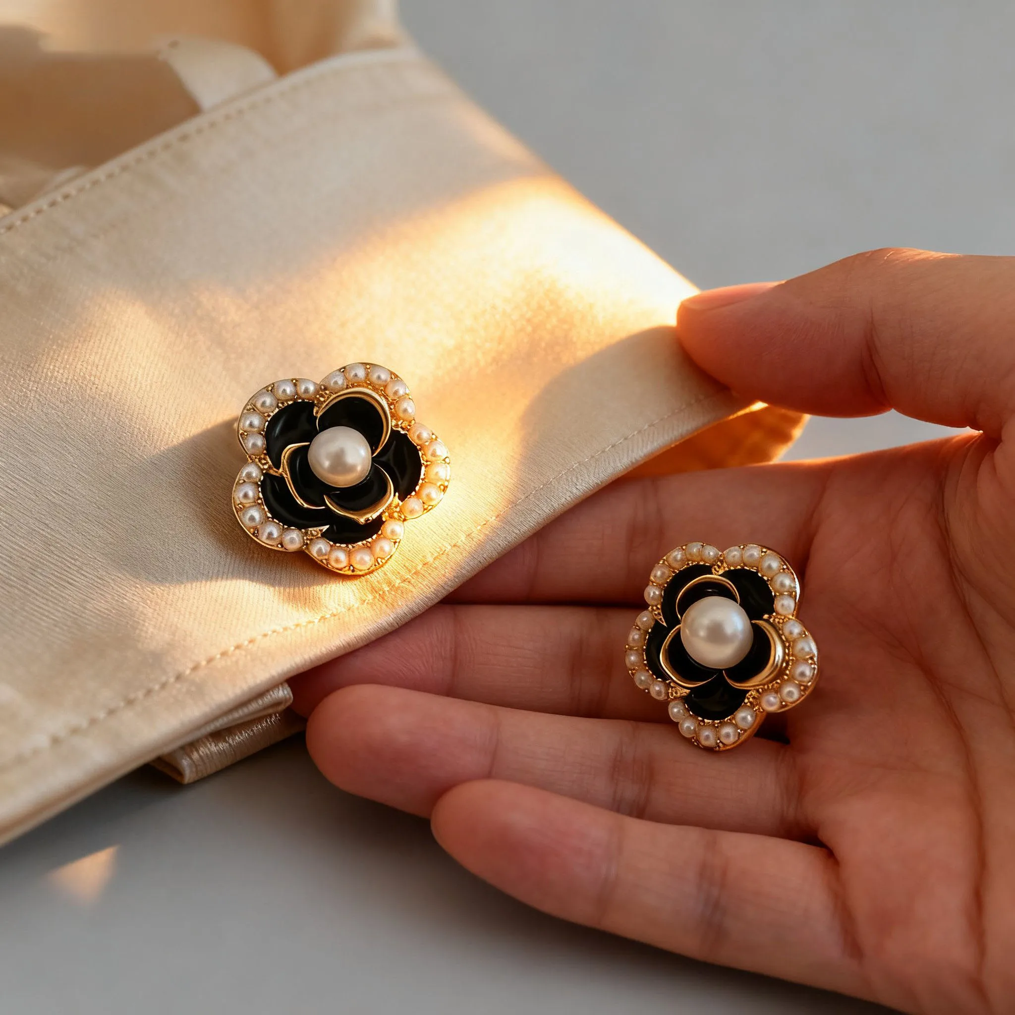 กระดุมโลหะรูปดอกไม้ประดับโบว์มุก 2 ชิ้น สำหรับตกแต่งเสื้อผ้า DIY กระดุมโลหะผสมสำหรับตกแต่งแขนเสื้อ