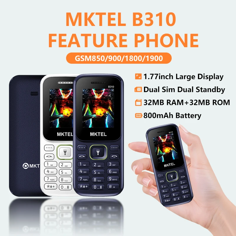 MKTEL B310 2G Feature Phone 1.77" Dual SIM 800mAh FM Radio Flashlight 9 Languages