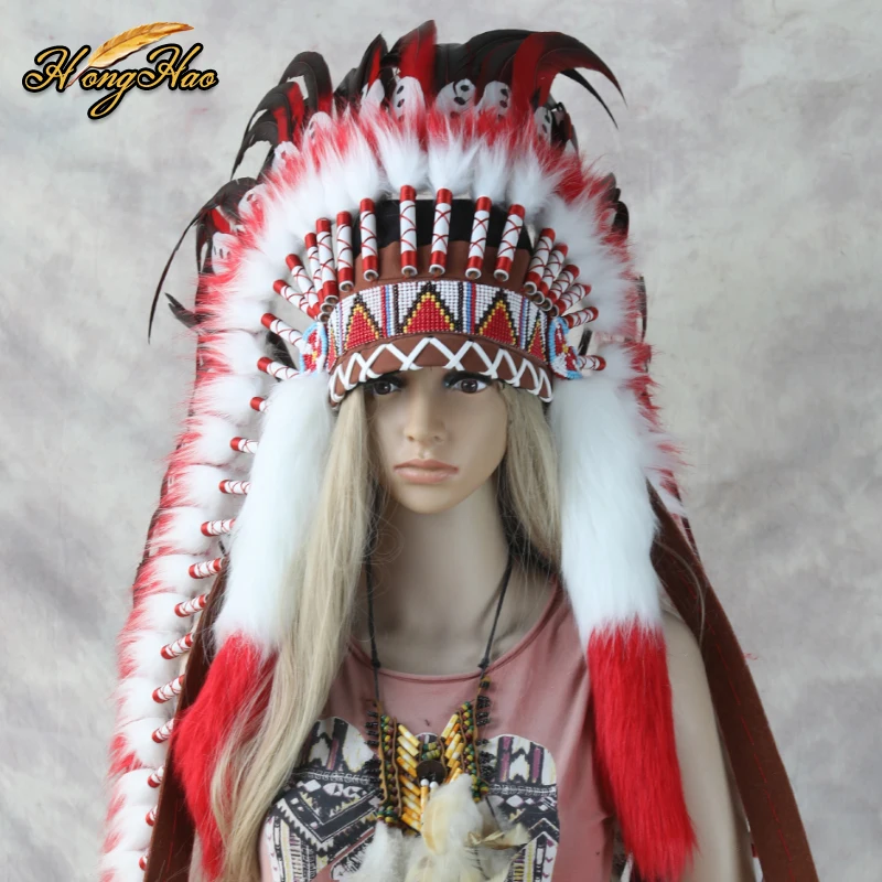 Customized Handmade Big Red Indian Feather Headdress Replica Made Cosplay Headpiece Costumes Decoration Halloween Party Hat