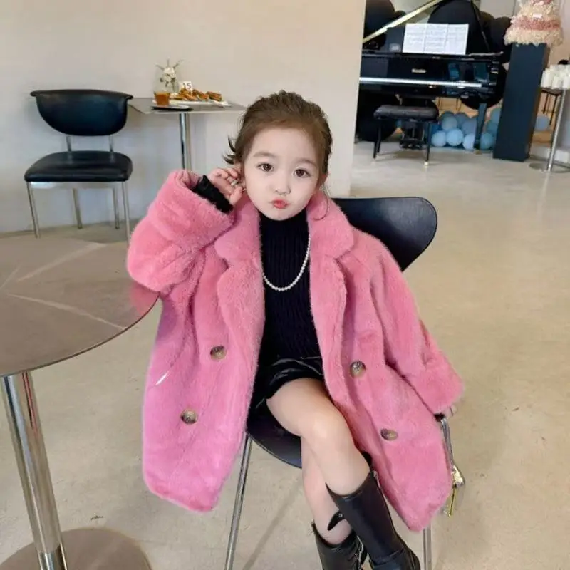 2026 New Girls' Fur Coat Children's Imitation Mink Suede Coat Fur Mid-length Winter Trendy Composite 100-150cm