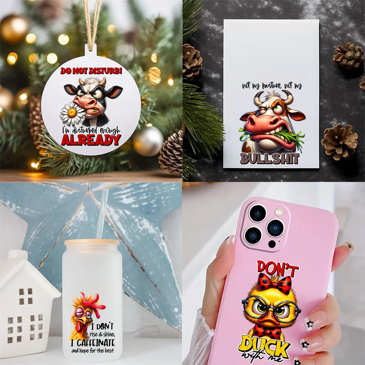 12pcs Funny Positive Motivational Sarcastic Animals UV DTF Cup Wrap Transfer Sticker Glass Coffee Mugs Greeting Cards Decal Gift