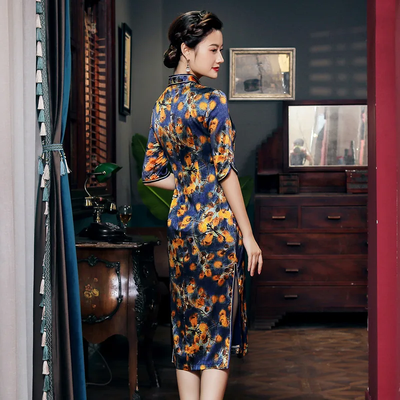 Spring New High Quality Real Silk Middle-Sleeve Floral-Print plus Size Cheongsam Qipao Women's Dress