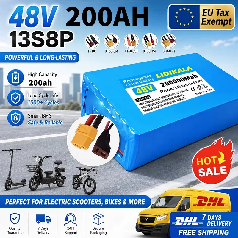 LIDIKALA 48V 200Ah 13S8P Lithium-Batteriepack mit integriertem 50A BMS, langer Lebensdauer, wasserdicht, Leistungsbatterie für Citycoco-Roller, 2000W Elektromotor