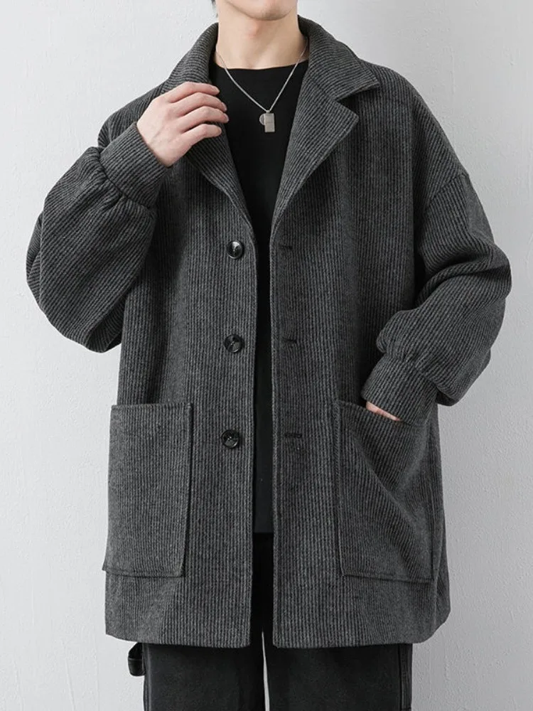 

Мужское вельветовое пальто средней длины, зимнее, свободного кроя, в корейском стиле, утепленное флисом, твидовое, с воротником-стойкой, молодежная верхняя одежда