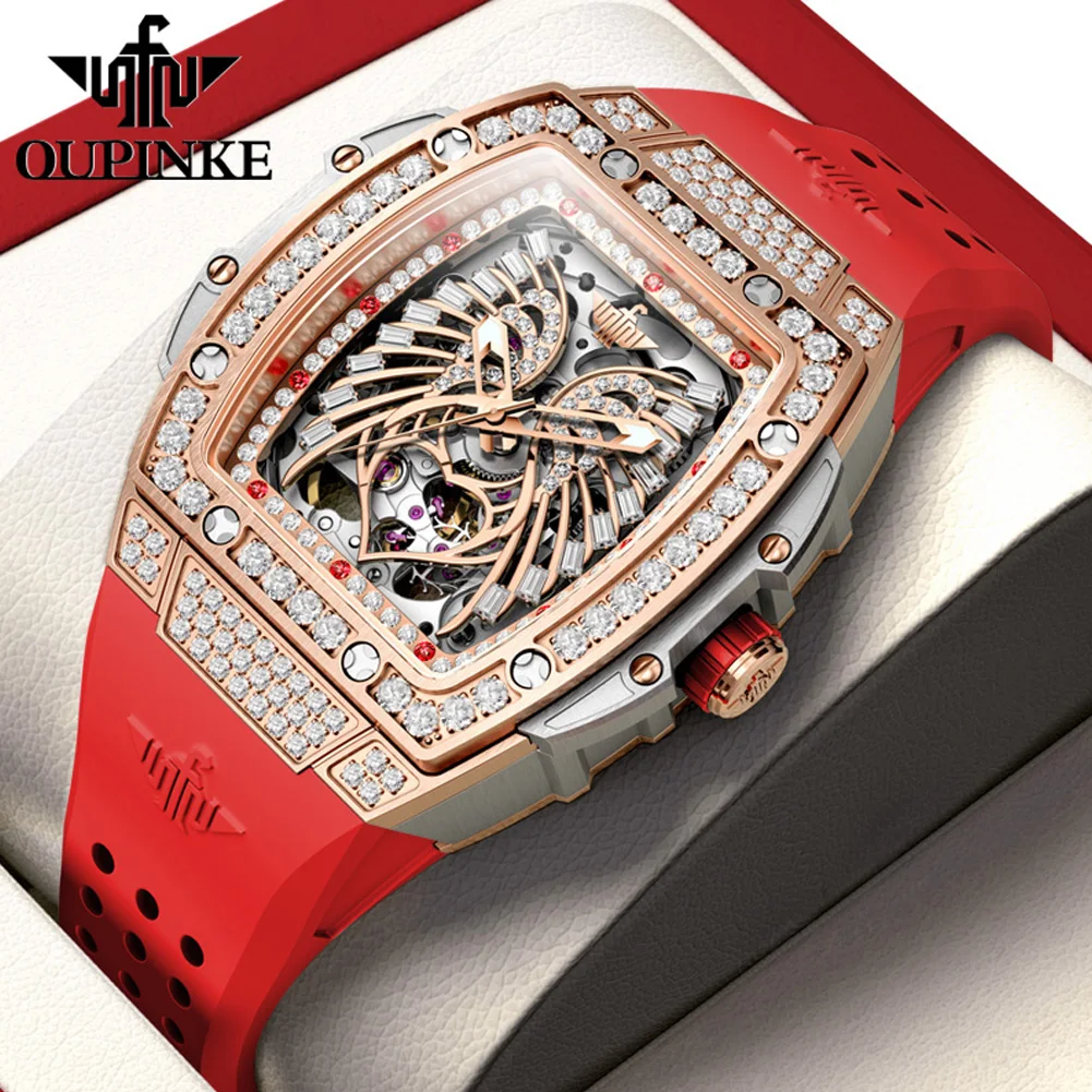 

OUPINKE Women's Watches Luxury Fashion Top Brand Original Automatic Mechanical Wristwatch Silicone Strap Fully Diamond Dial 3225