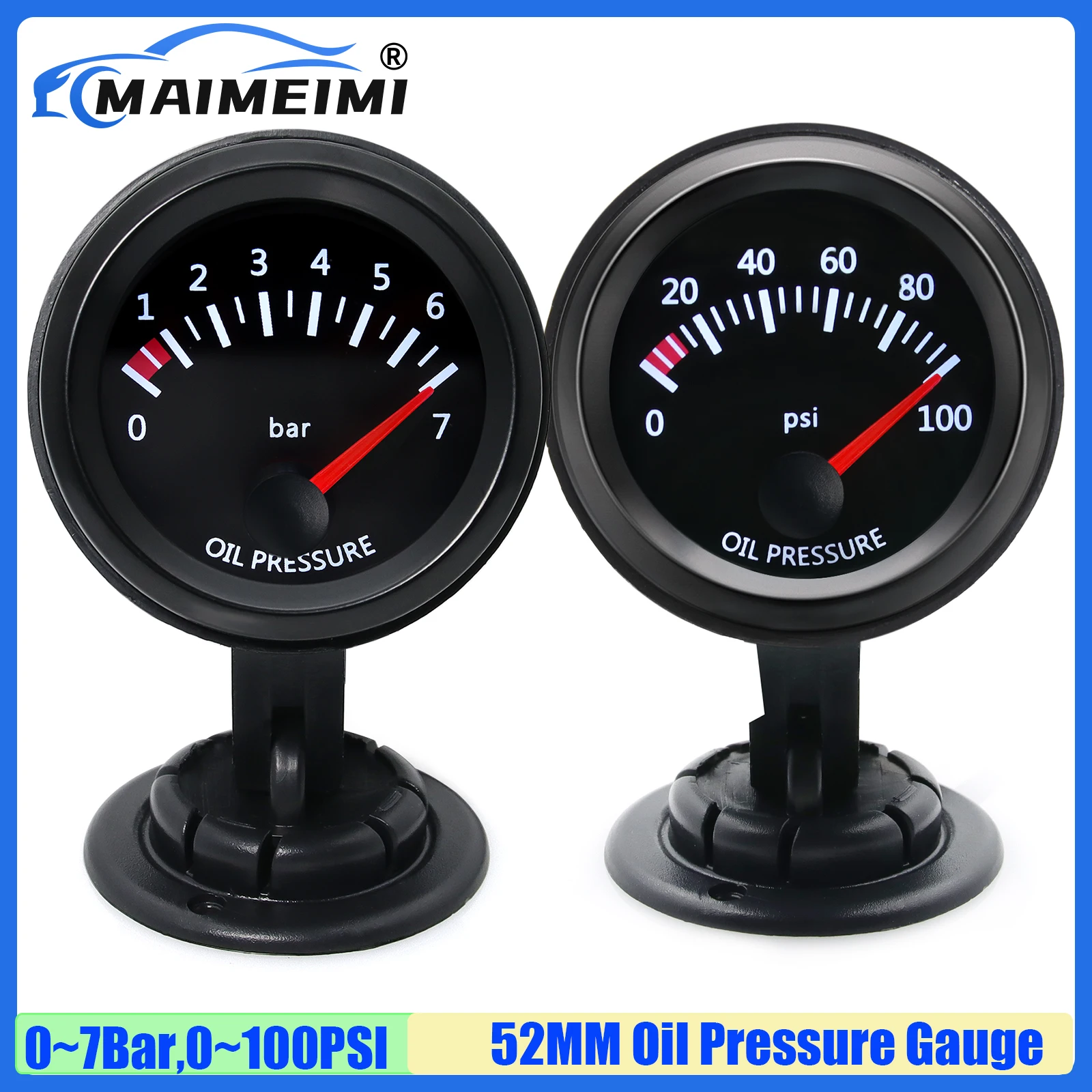 MAIMEIMI Auto White LED Pointer 52MM Oil Pressure Gauge with Sensor Holder 0~7Bar,0~100PSI Oil Press Meter for Petrol Car 12V