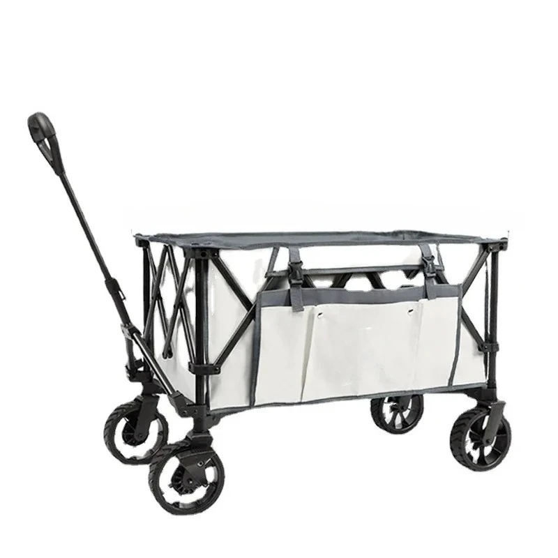 Portable Cart Organizer Large Campsite Handcart with Wheels Picnic Cart with Table Board Camper Storage Car Hiking Supplies