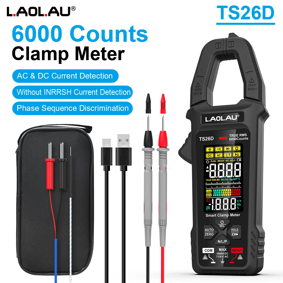 LAOLAU Digitales Zangenmultimeter, Phasenfolge, automatische Reichweite, Farbbildschirm, wiederaufladbar, AC/DC-Strom, elektrischer Tester TS26A TS26D – Detail 12