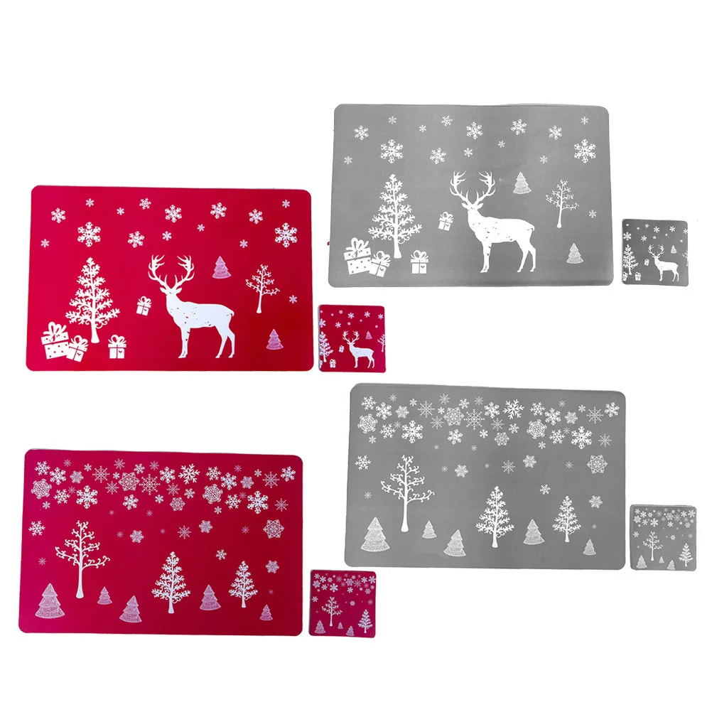 مفرش طاولة مكون من 12 قطعة من مادة PVC لعيد الميلاد ومجموعة قاعدة أكواب مطبوعة على شكل غزال رمادي، ديكور حماية لطاولة الطعام، سهل التنظيف #1