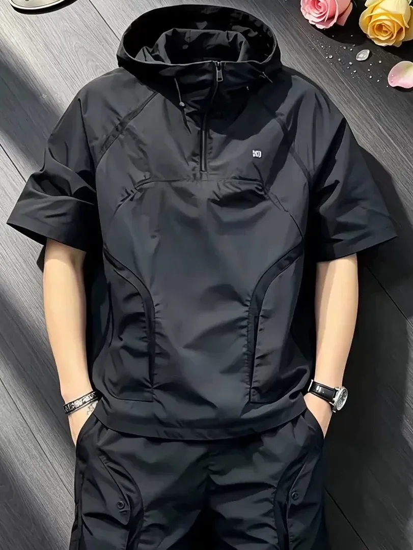 Conjunto de Roupas Casuais para Atividades ao Ar Livre para Homens, Verão, Secagem Rápida, Camiseta de Manga Curta com Capuz,...