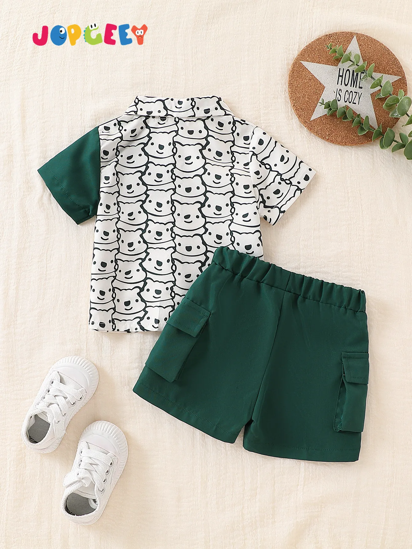 2 Pieces Set of Baby Boy Fashion Cartoon Patchwork Fake Pocket Decoration Short Sleeve Shirt Top and Work Shorts Suit for Summer