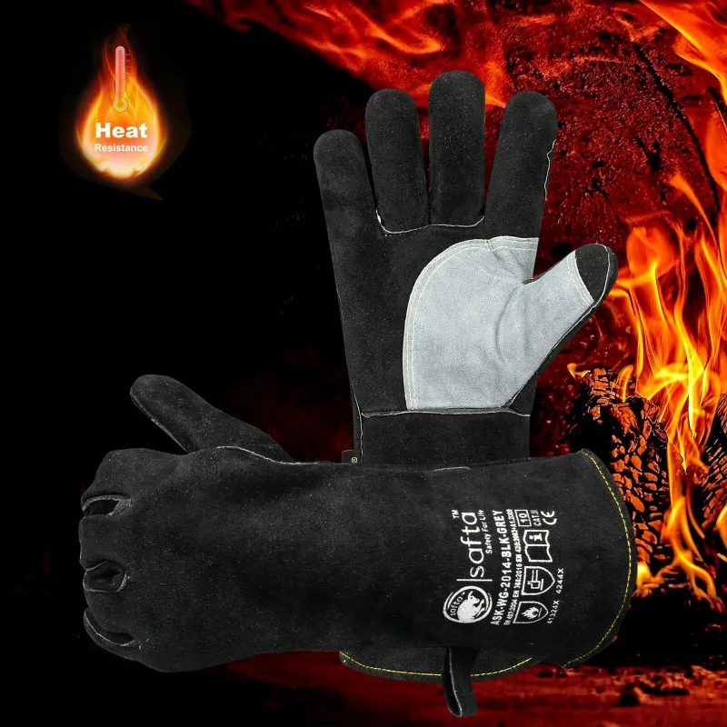 Soldadores Gauntlets Preto Extremo Resistente ao Calor BBQ TIG MIG Luvas de Soldagem 14"