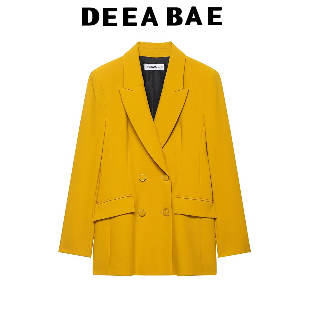 DEEABAE Collar long sleeved suit with shoulder pads double breasted buttoned suit jacket high waisted slim fit pants set