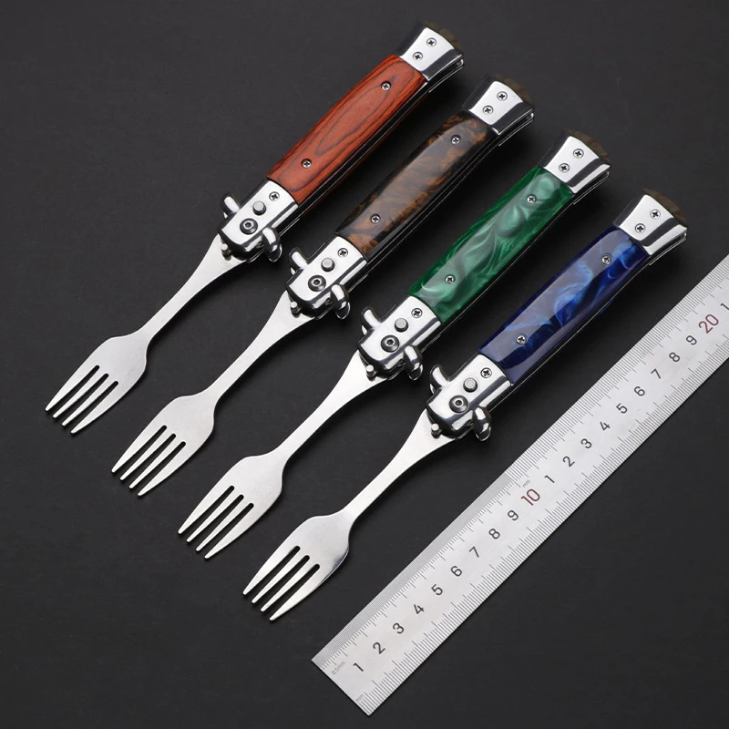 

1pc Foldable Stainless Steel Spring Fork with Resin Handle Portable for Home Camping and Gifting Multifunctional Tableware