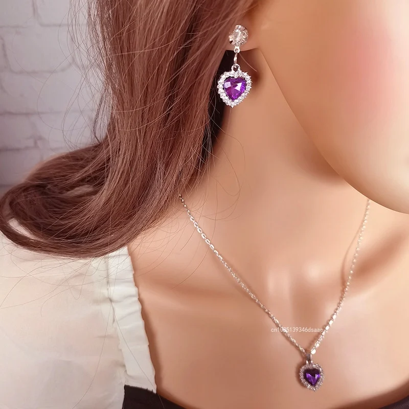 2pcs Fashion Jewelry Set Crystal Heart Pendants Necklaces and Drop Earring for Women Wedding Bride Van Cleef Jewelry