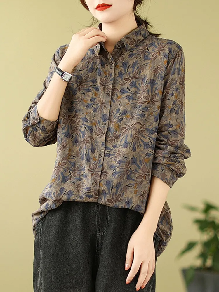 Women Casual Shirt New Arrival 2023 Autumn Vintage Style Floral Print Loose Comfortable Female Cotton Long Sleeve Tops B2986