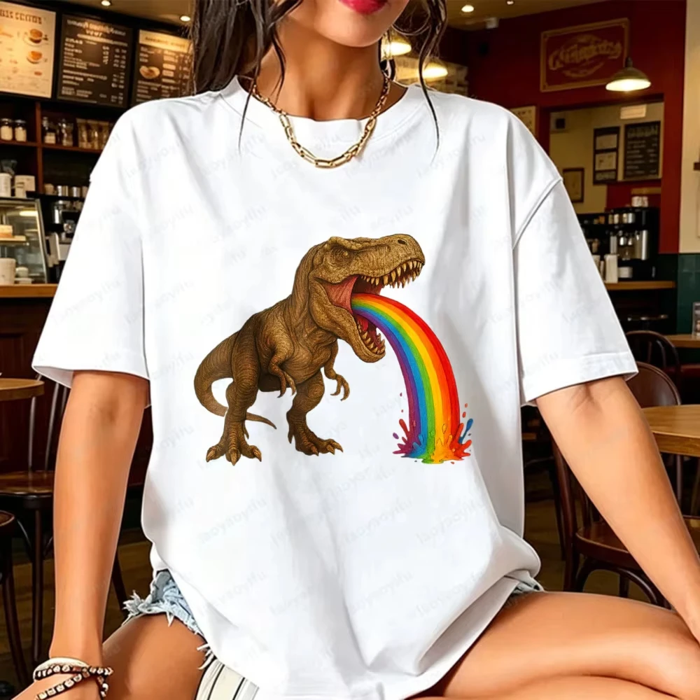 T-Rex Dinosaur Rainbow Splash Vintage Realistic Cotton Men Tee Funny Dino Pride Tops Colorful Cartoon Dinosaur Street T-shirt